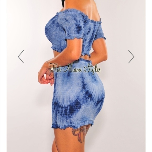 2/$30 Hot Miami Styles Blue Smocked Crop Top Skirt Tie Dye Two Piece Set Large - Picture 4 of 16